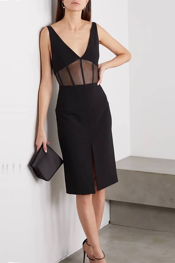 Black v-neck dress with sheer cutouts by Mugler