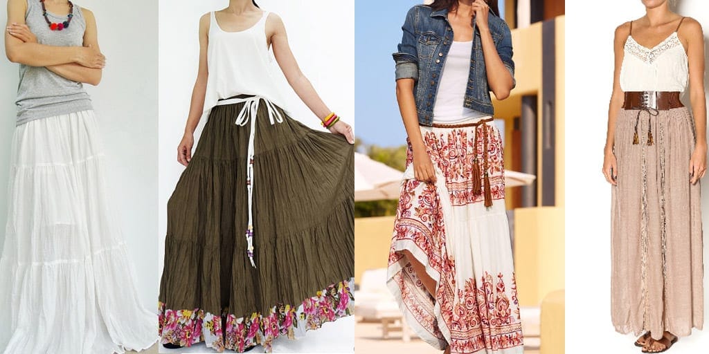 Collage of four peasant skirt outfits