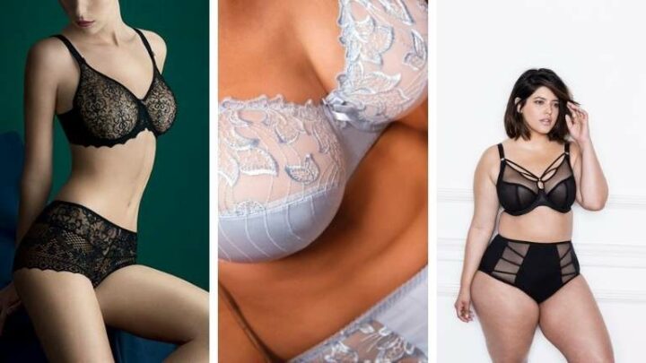 Collage of three large-chested women wearing bras.
