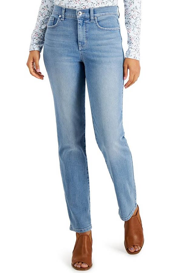 Best jeans for petites: 7 brands to shop now 4 Waist-down view of model wearing mid-blue Style & Co. jeans for petites.