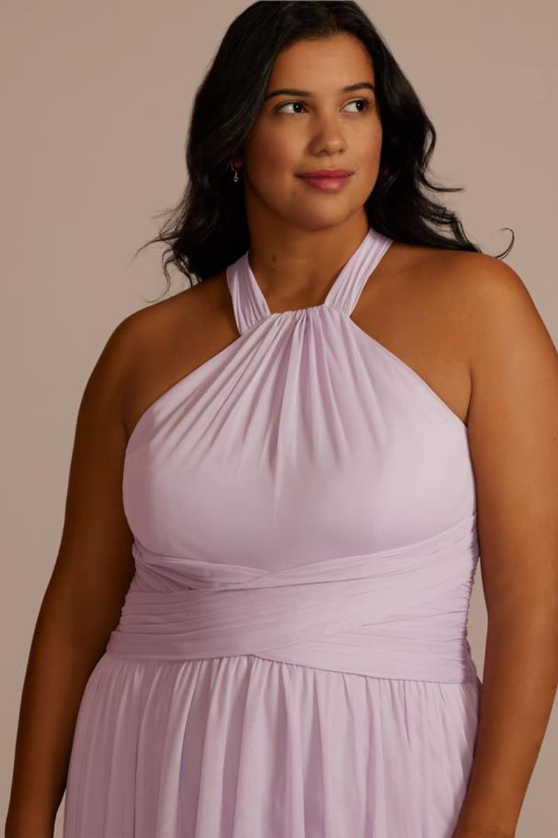 The Pam Beesly Wedding Dress from David's Bridal 3 Woman wears lavender bridesmaid dress.