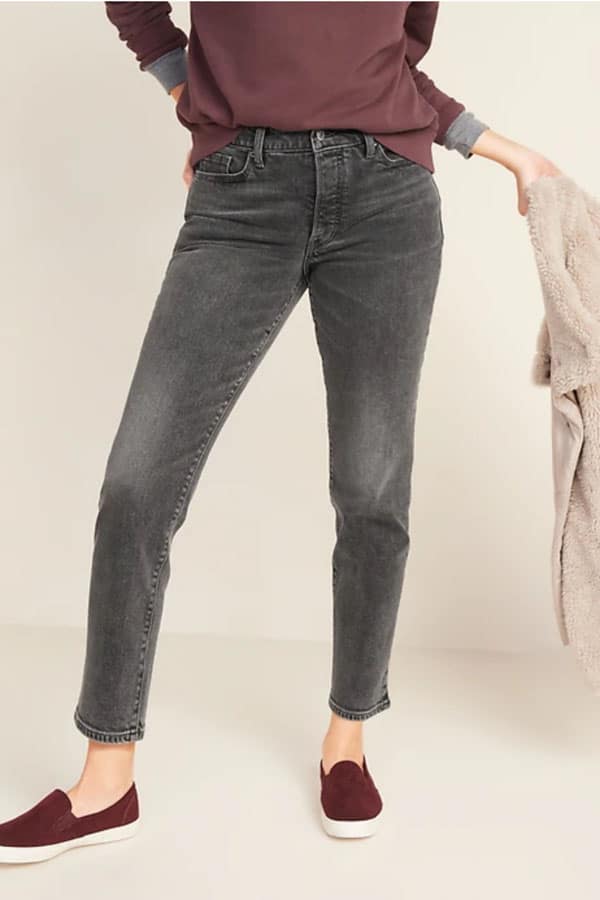 Gray wash straight leg jeans.