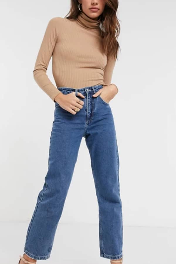 Medium wash, '90s-inspired jeans.