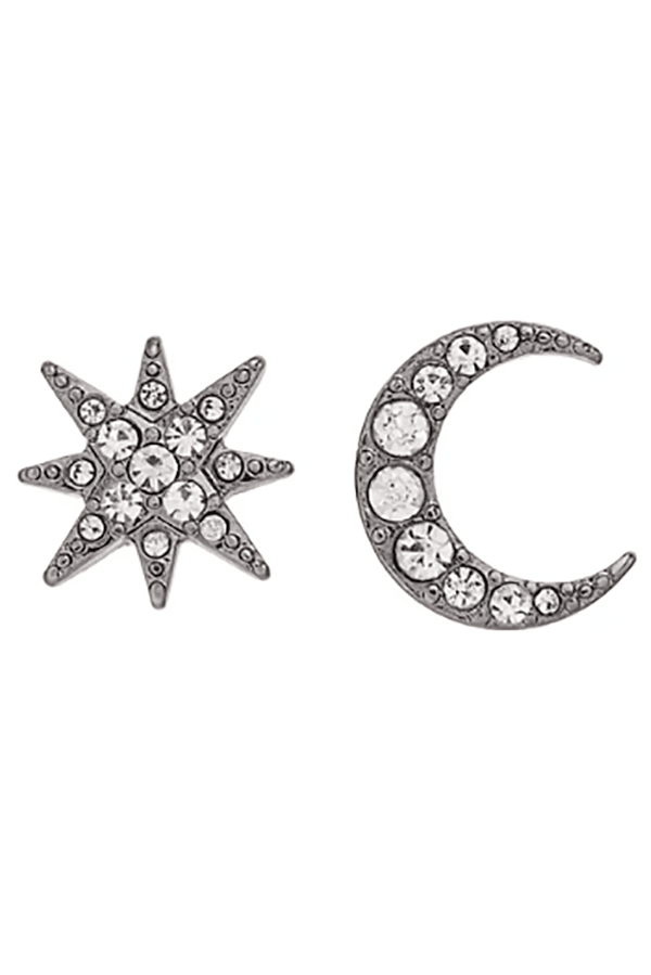 Mismatched earrings, a moon and a star.