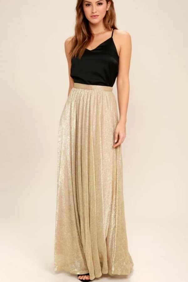 Women's tuxedo jacket — wear one for edgy holiday party looks 4 Gold shimmery maxi skirt