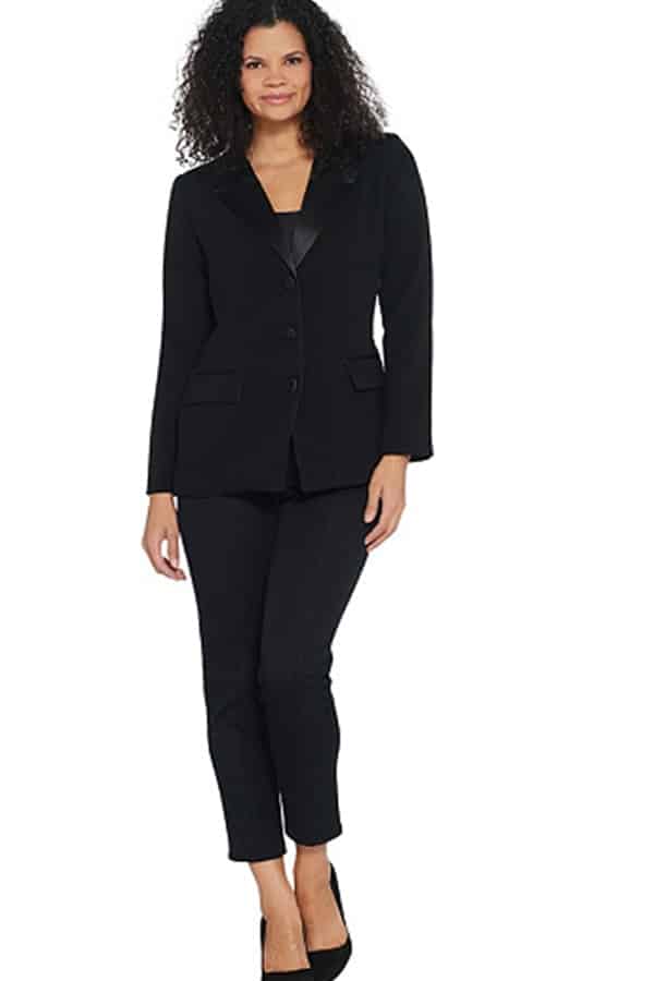 Women's tuxedo jacket — wear one for edgy holiday party looks 2 Woman wearing black tuxedo jacket