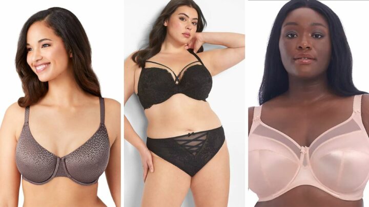 Collage of three woman wearing plus size bras.