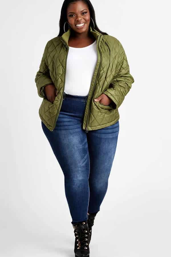 How to Shop Ashley Stewart Stores and Website 2 Model wears Ashley Stewart spring jacket.