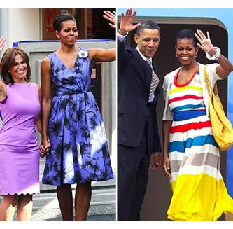 Collage of Michelle Obama wearing colorful dresses