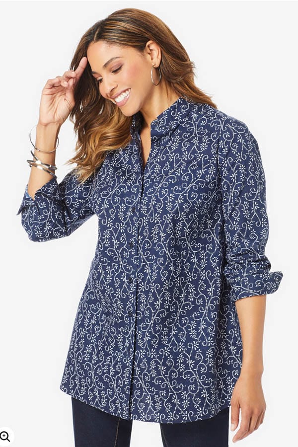 Fall Fashion for Plus Size Fashionistas: 9 Essential Garments to Shop Now 2 Model wears plus size patterned button-down tunic.