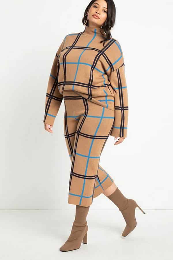Fall Fashion for Plus Size Fashionistas: 9 Essential Garments to Shop Now 6 Model wears patterned knit top and matching pants.