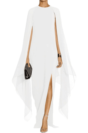 Long white dress with chiffon cape.