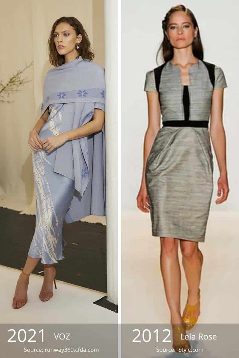 Side by side of 2021 dress with 2012 dress.
