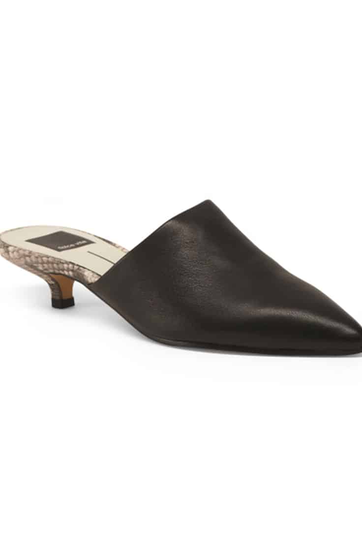 Slide on kitten heel in black with snake print detail