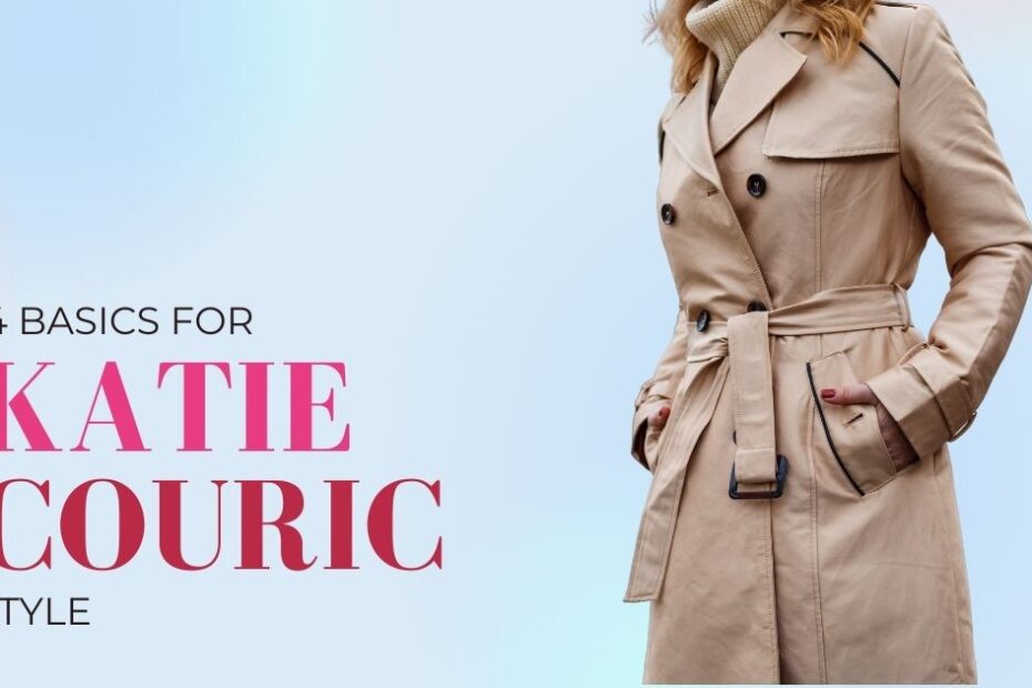 Close up of woman wearing trench coat with text overlay reading Katie Couric style