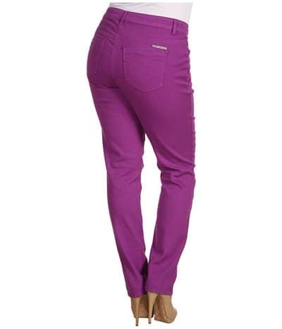 plus size woman wearing purple jeans