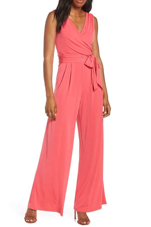 Pink-orange jumpsuit for a cocktail party.