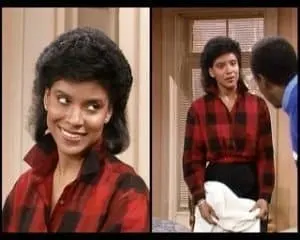 Collage of Clair Huxtable wearing plaid