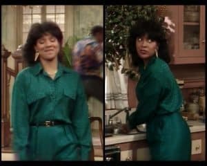 Collage of Clair Huxtable wearing green