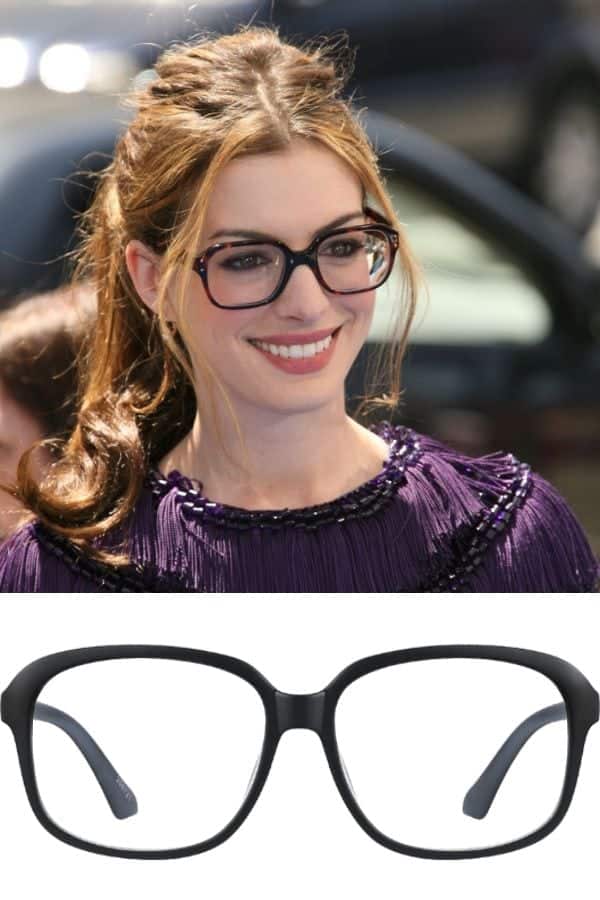 Anne Hathaway wearing oversized, square glasses.
