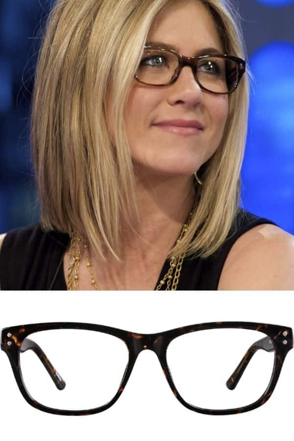 Jennifer Aniston wearing wayfarer style glasses.