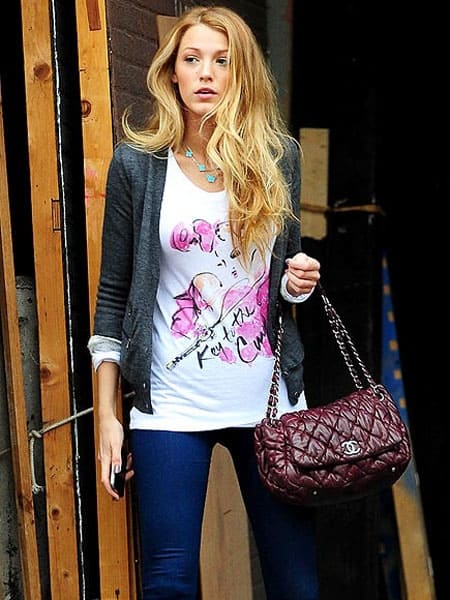 Blake Lively carrying a leather bag