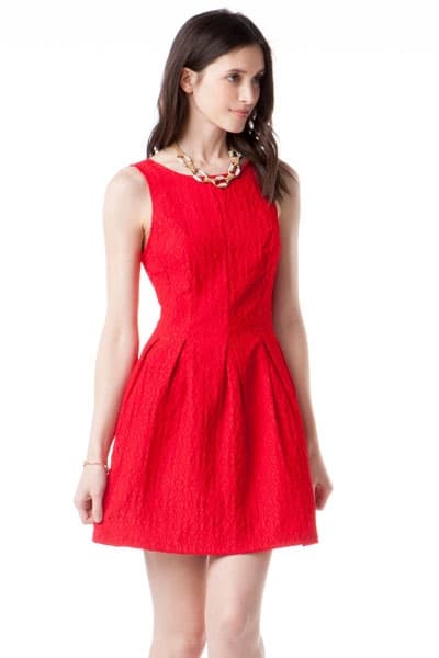 Short red, floral lace bridesmaid dress