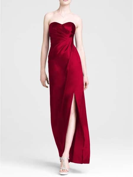 Long, red strapless gown