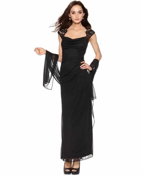 Long black formal dress with cap sleeves