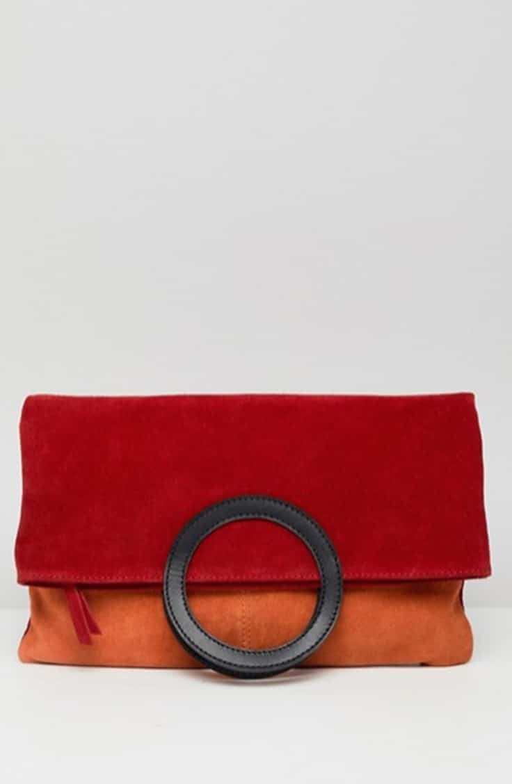 red and orange colorblock clutch