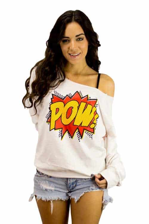 How to Get Jessica Alba's Style 2 416-lototees-pow-comics-kick-punch-bing-comic-girls-cute-pink-womens-off-the-shoulder-sweater-boatneck-pullover-sweatshirt-500