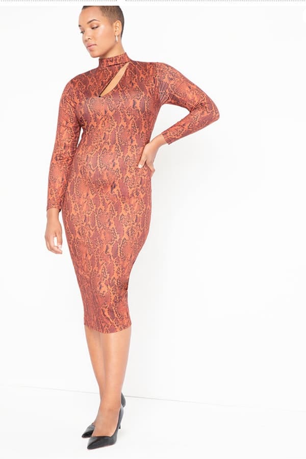 Woman wearing patterned bodycon dress