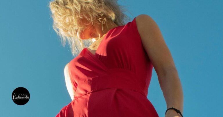 Older woman wearing a red jumpsuit