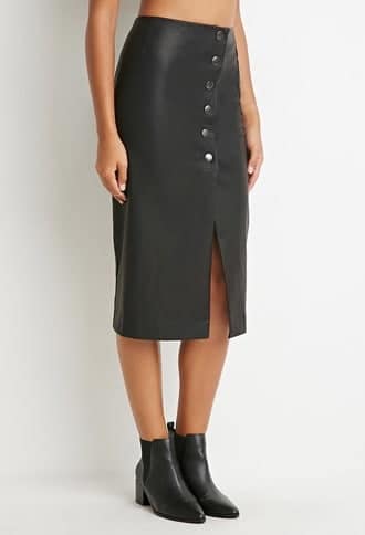Faux leather button front skirt