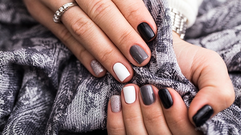 Close up of winter-themed manicure
