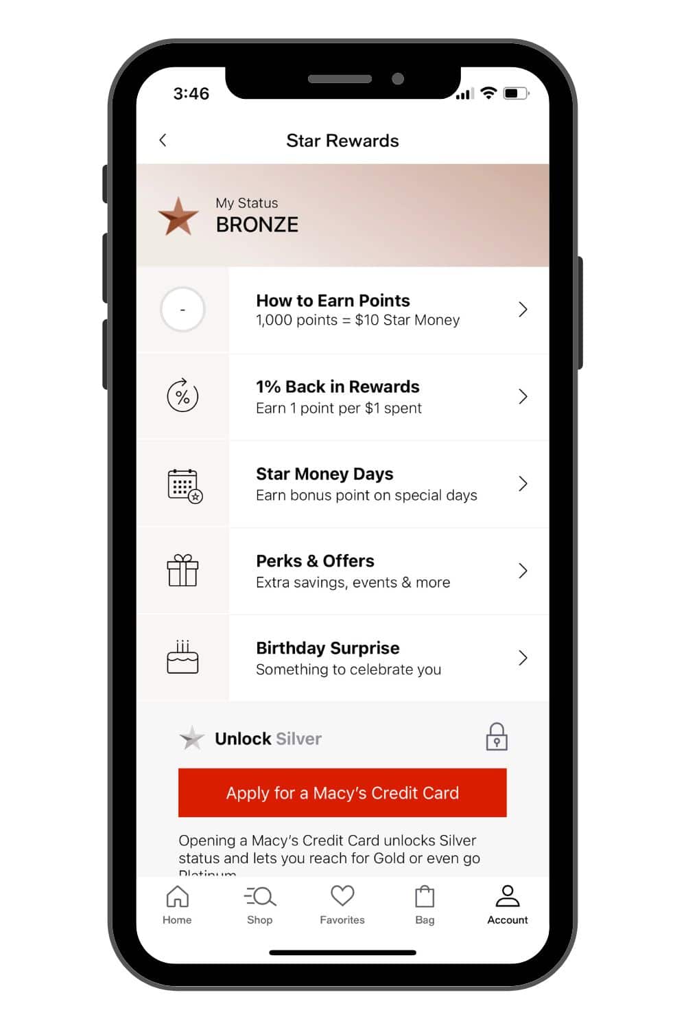 Macy's Star Rewards screen in Macy's app.