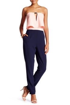 jumpsuit - model wearing blue and pink jumpsuit