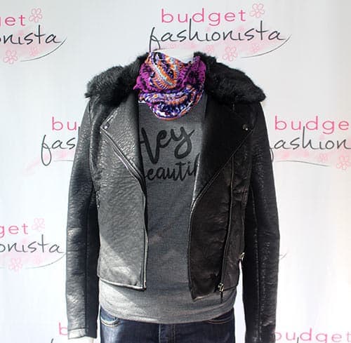 moto jacket with scarf and untucked shirt