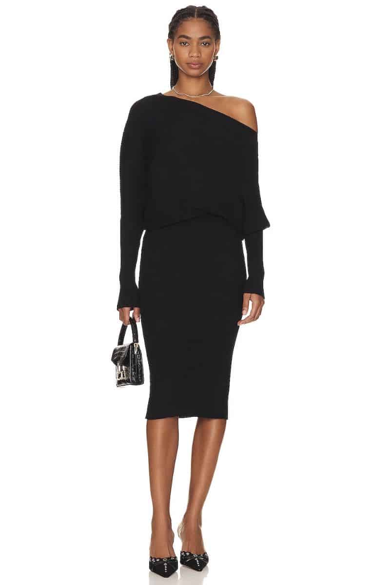 Fall Trend Report: How to Style a Sweater Dress 2 Model wears classy sweater dress with one-shoulder style.
