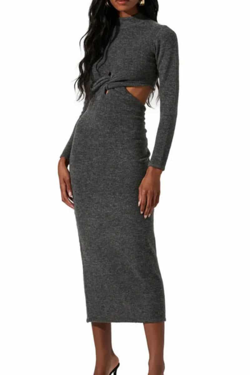 Fall Trend Report: How to Style a Sweater Dress 8 Model wears gray sweater dress with side cutouts.