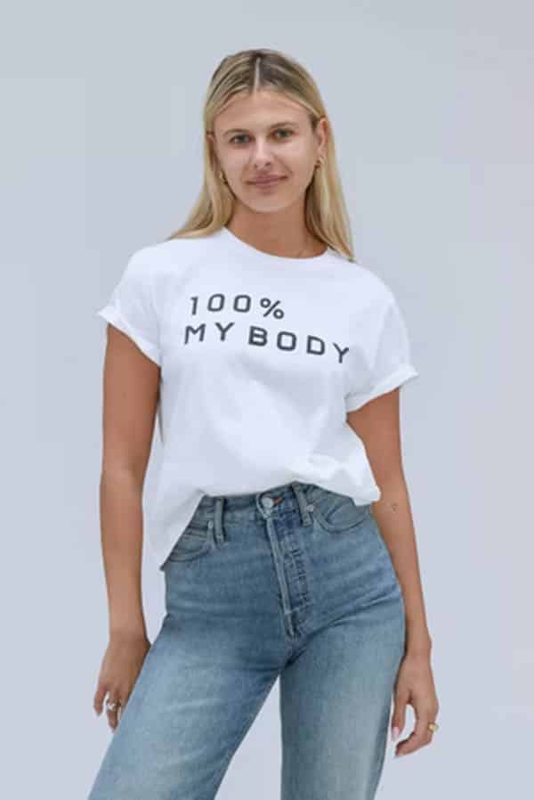 Give Good: 9 Charity Gifts Fashion Enthusiasts will Love 5 Model wears white tshirt by Everlane, a charity gift that supports the ACLU.