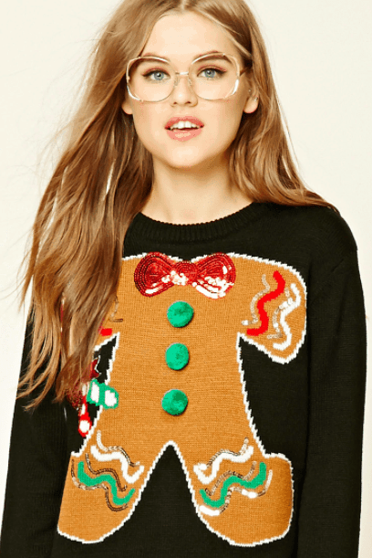 ugly christmas sweater - black sweater with gingerbread man design