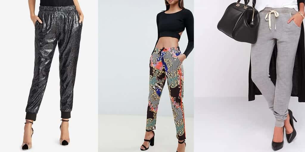 Collage of three woman showing how to wear joggers
