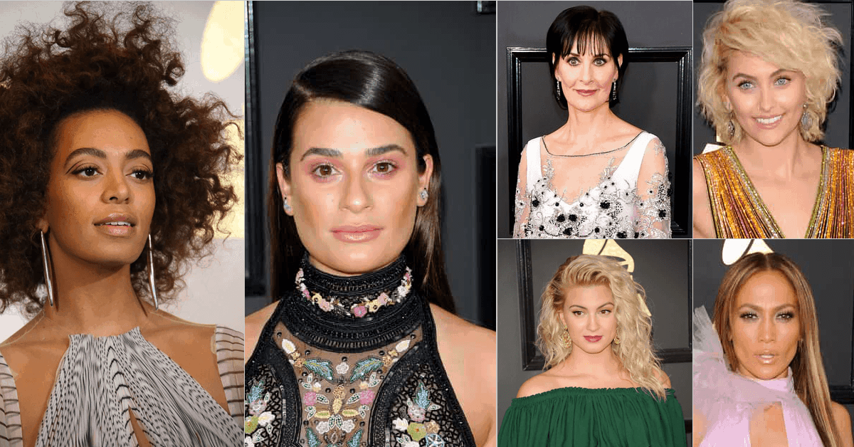 collage of grammy beauty looks to copy