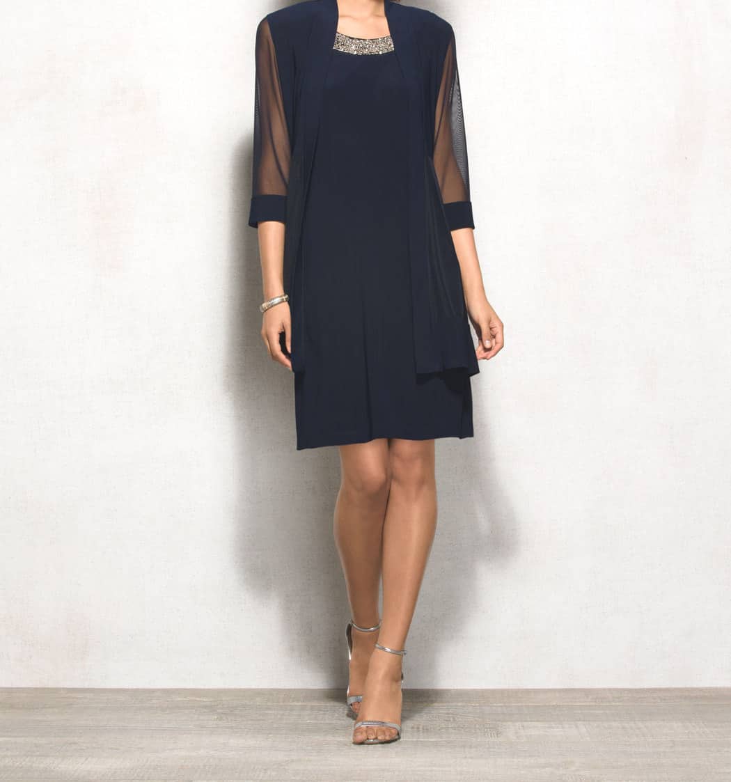 Mother of the Bride Dresses - navy, two-piece dress set with sheer sleeves and beaded neckline