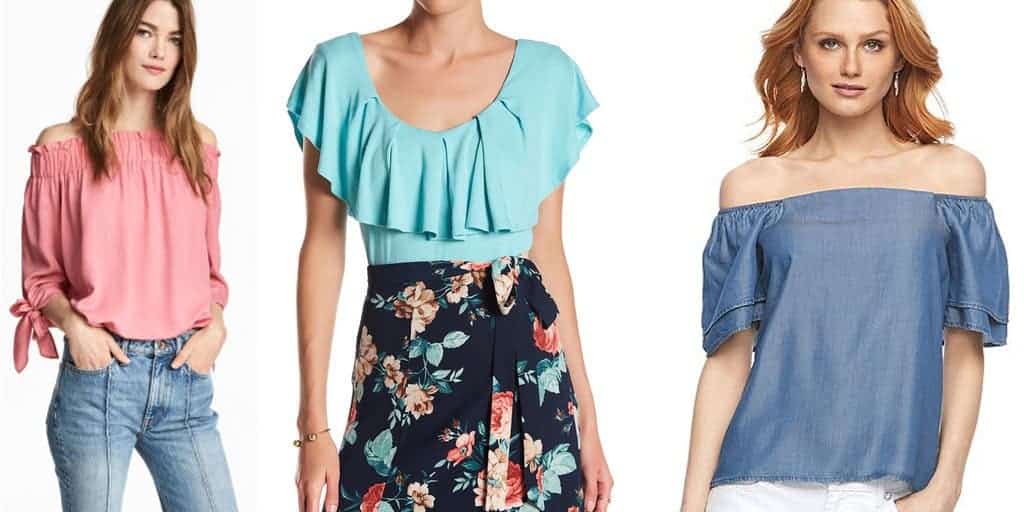 Three budget-friendly, off-shoulder tops.