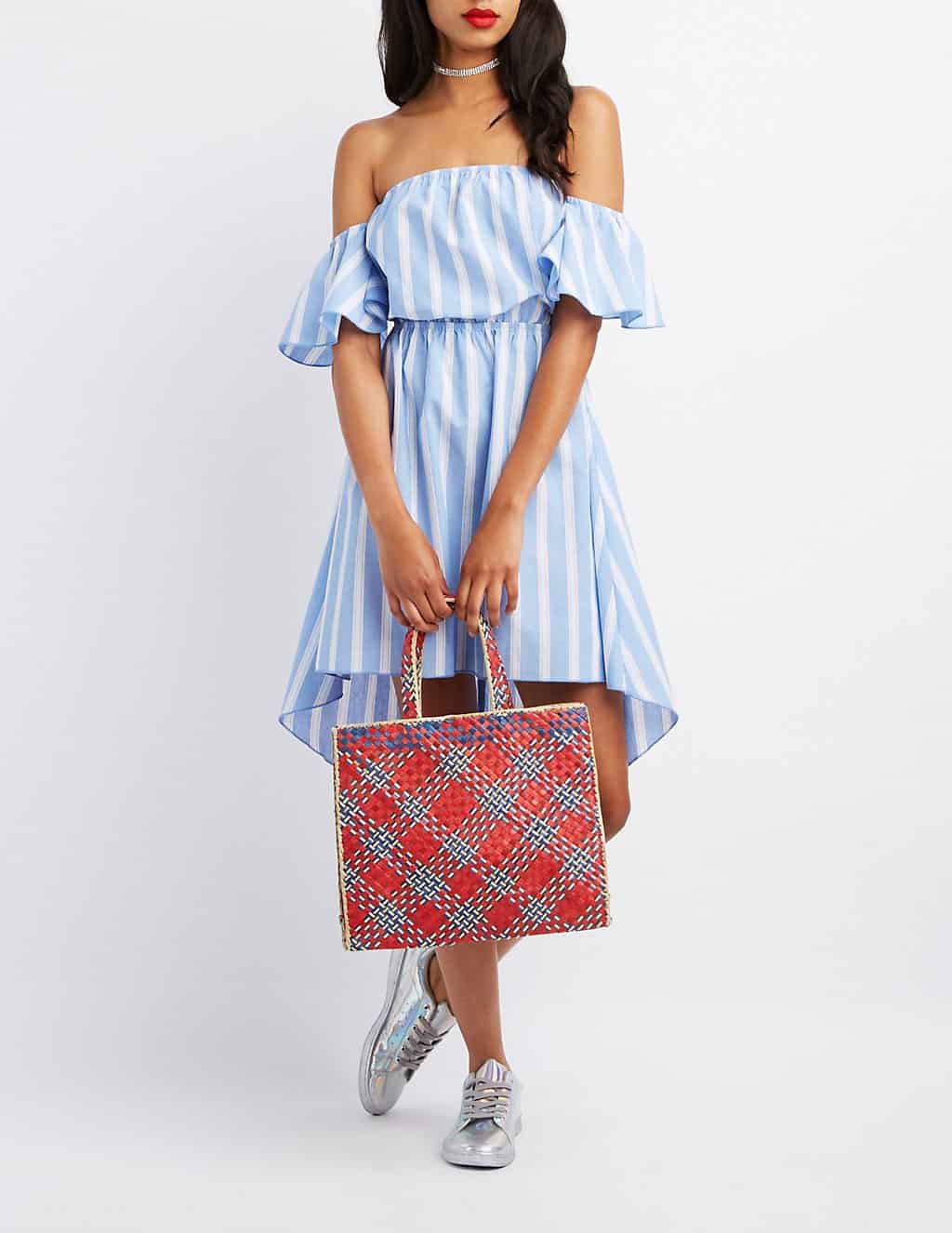 The Elastic Waistband Reinvented — & How to Wear It 6 off the shoulder dress in blue and white stripe