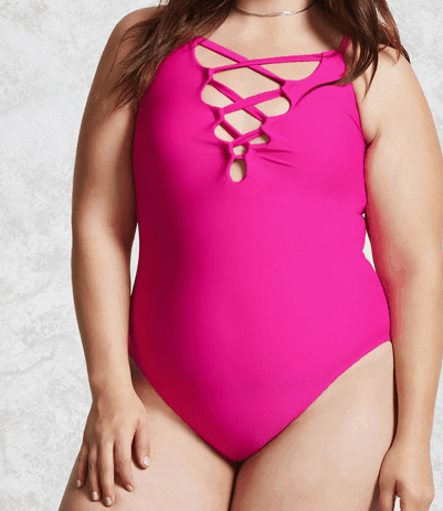 Hot pink, one-piece, plus-size suit with lace-up detail