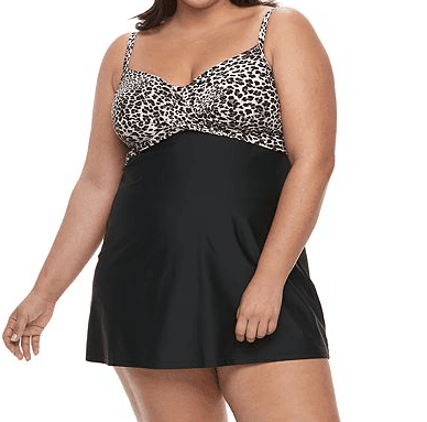 Black one-piece, plus-size swim dress with hip slimming feature