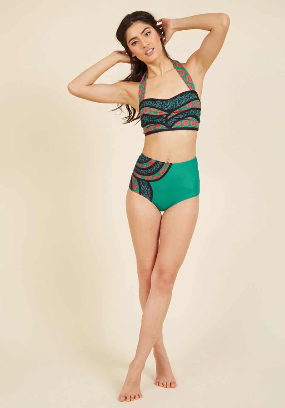 Emerald green patterned two-piece swimsuit from our 